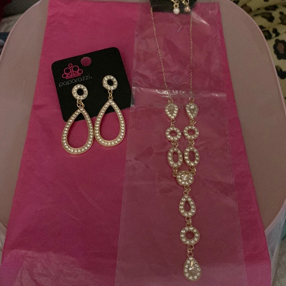 Paparazzi gold and rhinestone earrings and necklace